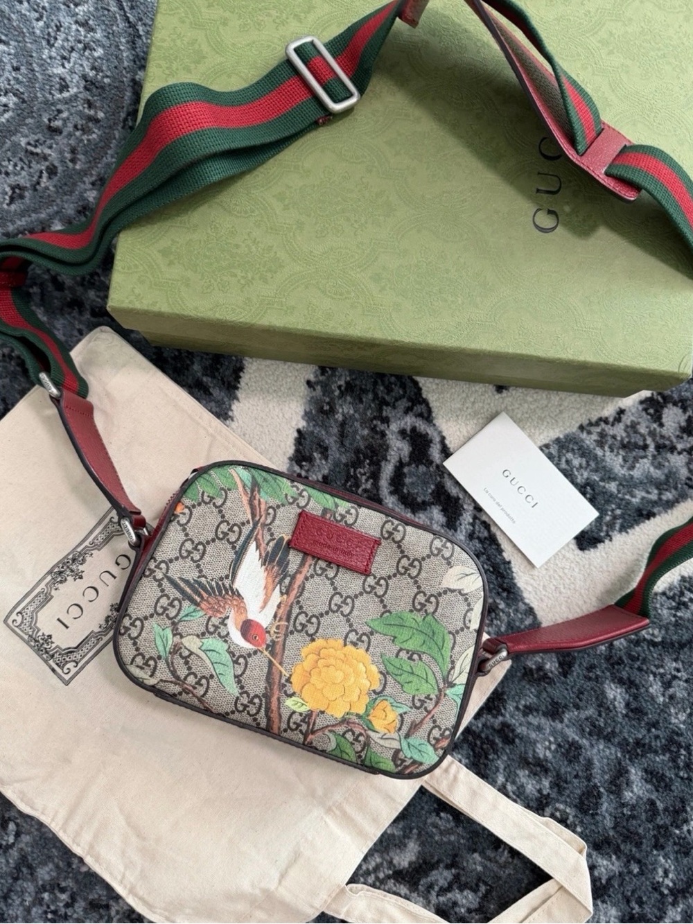 Gucci GG Supreme Monogram Tian Web Small Camera Bag Beige Multicolor Red